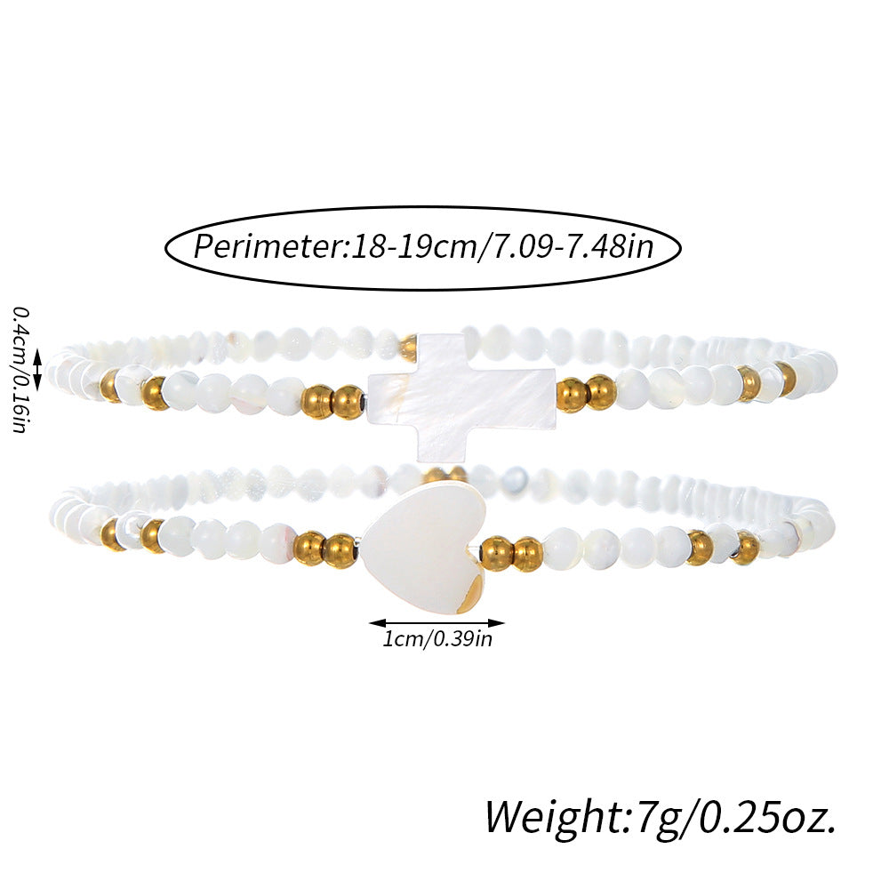 Handmade Shell Pearl Cross Heart Bracelet Set Stainless Steel Geometric Beach Jewelry