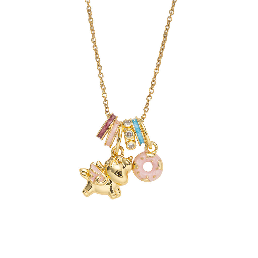 Enamel Unicorn Pendant Necklace for Women with Titanium Steel Chain and Zircon Inlay in Cute Cartoon Style