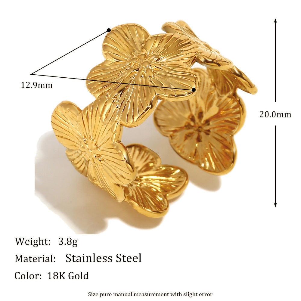 Vintage-Inspired Floral Open Ring for Women in Stainless Steel with 18K Gold Plating