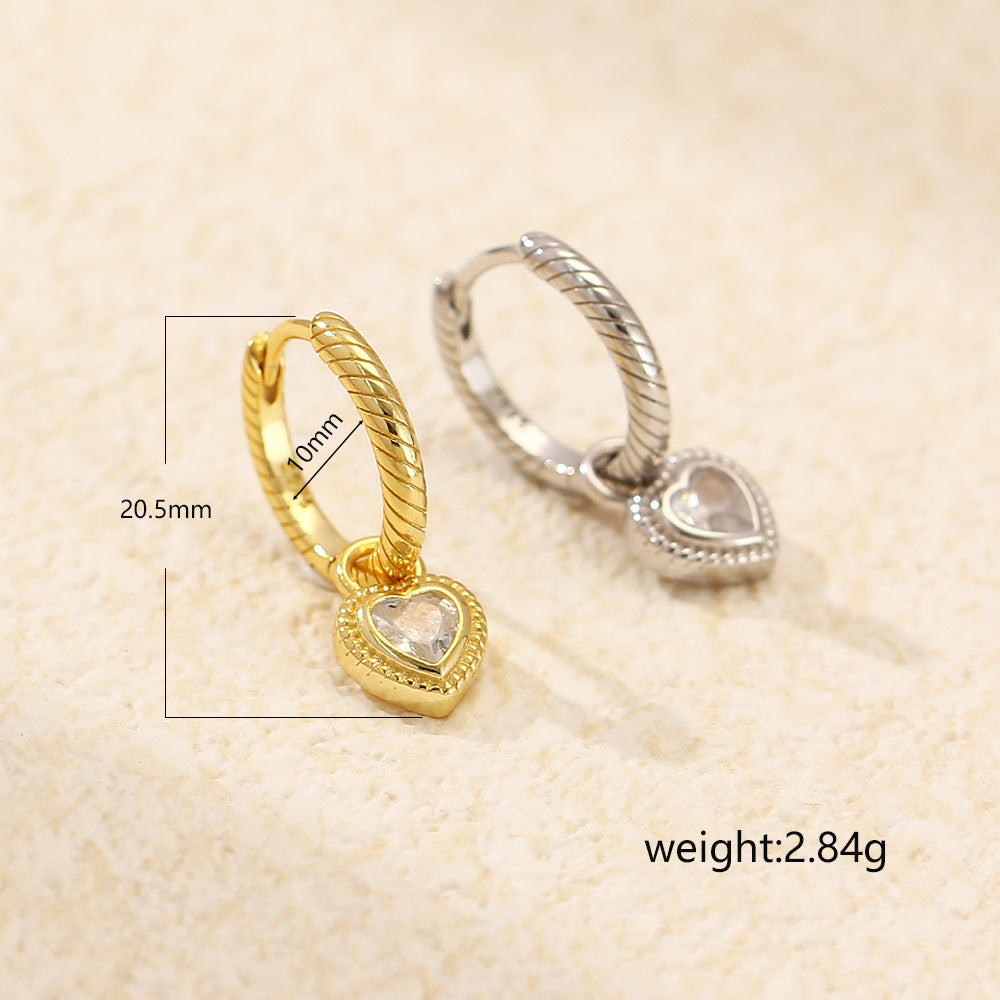Luxury Elegant Heart Striped Rhinestone Plated 925 Sterling Silver Hoop Earrings for Women