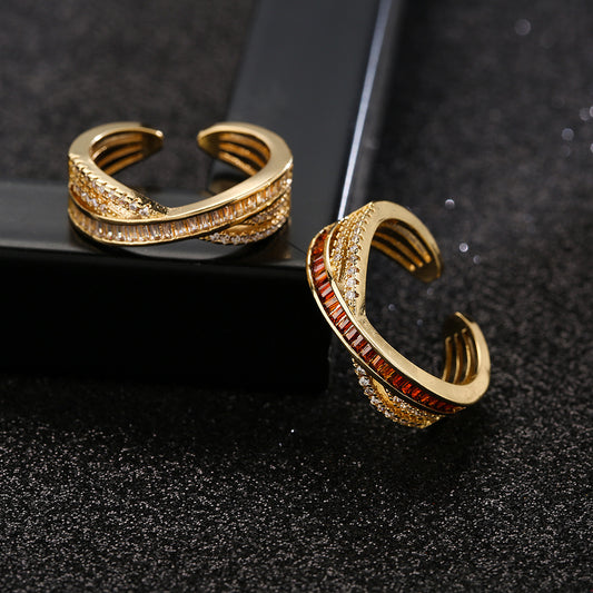 Minimalist Geometric Copper Ring for Women with Micro-Pavé Colored Cubic Zirconia