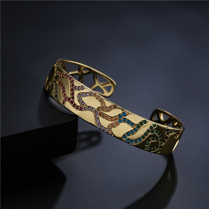 Geometric Brass Micro-Inlaid Cubic Zirconia Gold Plated Open Cuff Bracelet