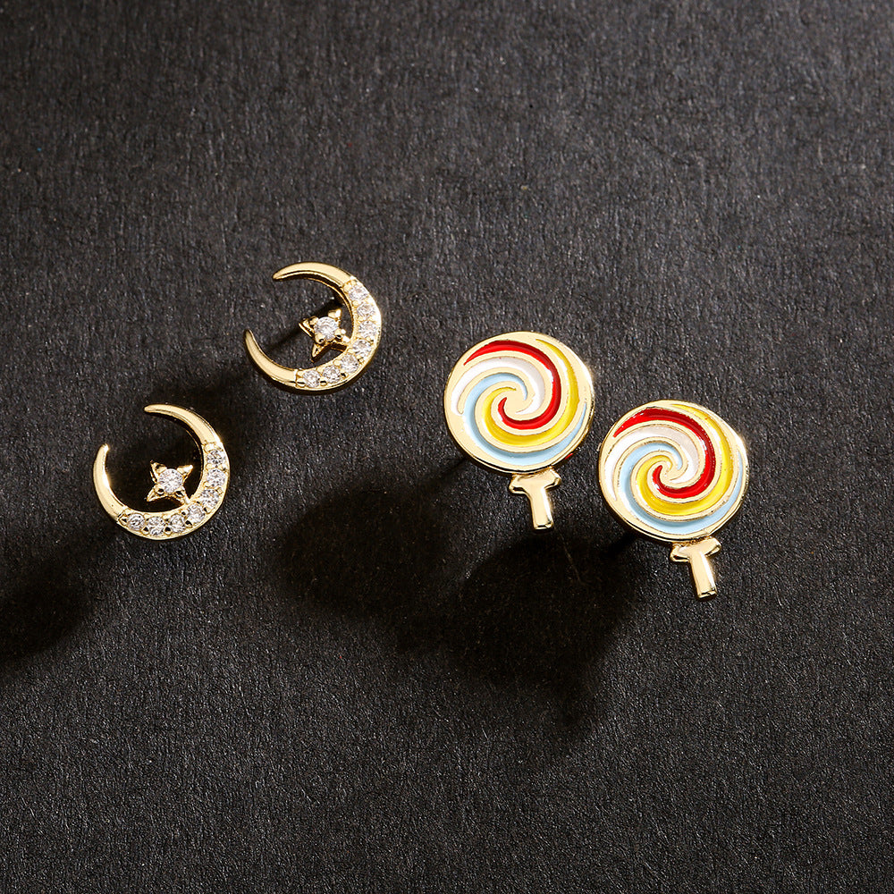 Sweet Cute Geometric Copper Earrings with 18K Gold Plating and Enamel Zircon Star Moon Candy Design for Women