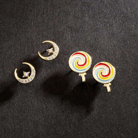 Sweet Cute Geometric Copper Earrings with 18K Gold Plating and Enamel Zircon Star Moon Candy Design for Women
