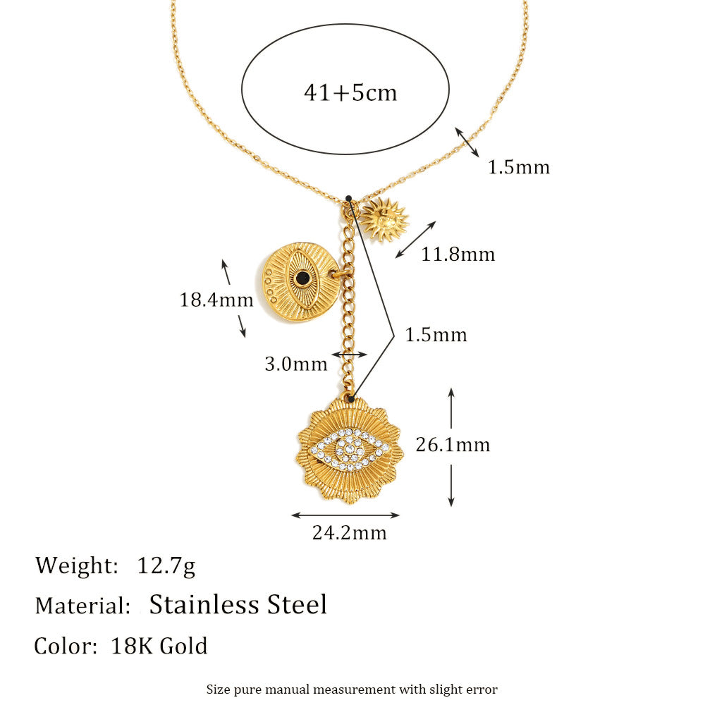 Collar con colgante geométrico minimalista de acero inoxidable con baño de oro de 18 quilates y detalle de borla de ojo para mujer