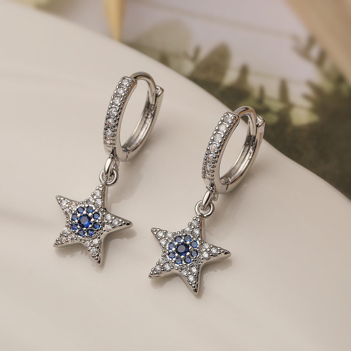 Minimalist Geometric Star-Shaped Copper Earrings with Real Gold Plating and Blue Zircon Accents for Women