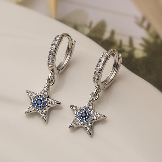 Orecchini da donna minimalisti geometrici a forma di stella in rame con placcatura in oro vero e zirconi blu