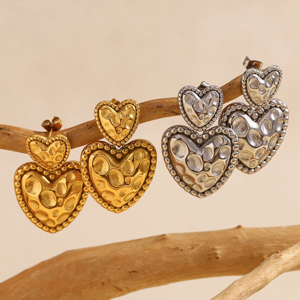 Vintage Fashion Heart-Shaped Earrings in 316L Stainless Steel with 18K Gold Plating and Meteorite Texture