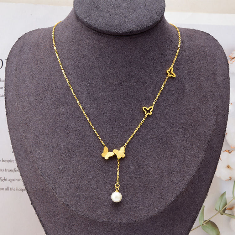 Fashionable Butterfly Pendant Necklace for Women in Titanium Steel with Plated Finish, O-Chain, Lightweight Luxe Style Summer Clavicle Chain