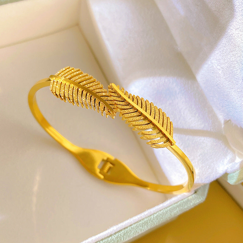 Minimalist Elegant Double Feather Open Cuff Titanium Steel Plated Bracelet