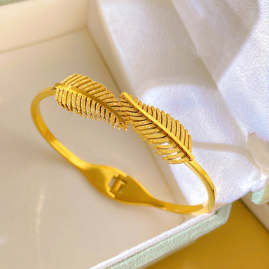Minimalist Elegant Double Feather Open Cuff Titanium Steel Plated Bracelet