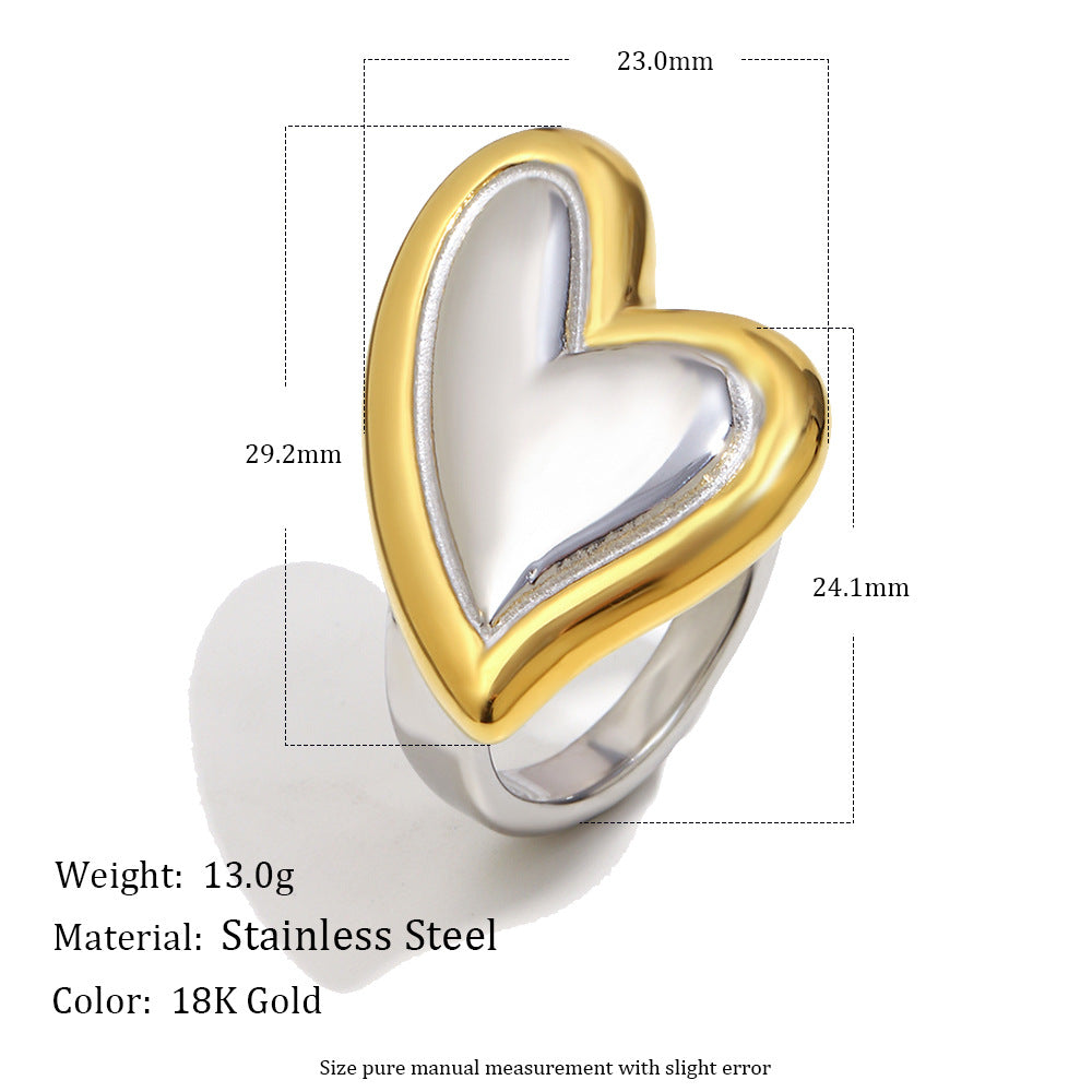 Anello Cuore Inclinato da Donna in Acciaio Inox Placcato Oro 18K Stile Minimalista