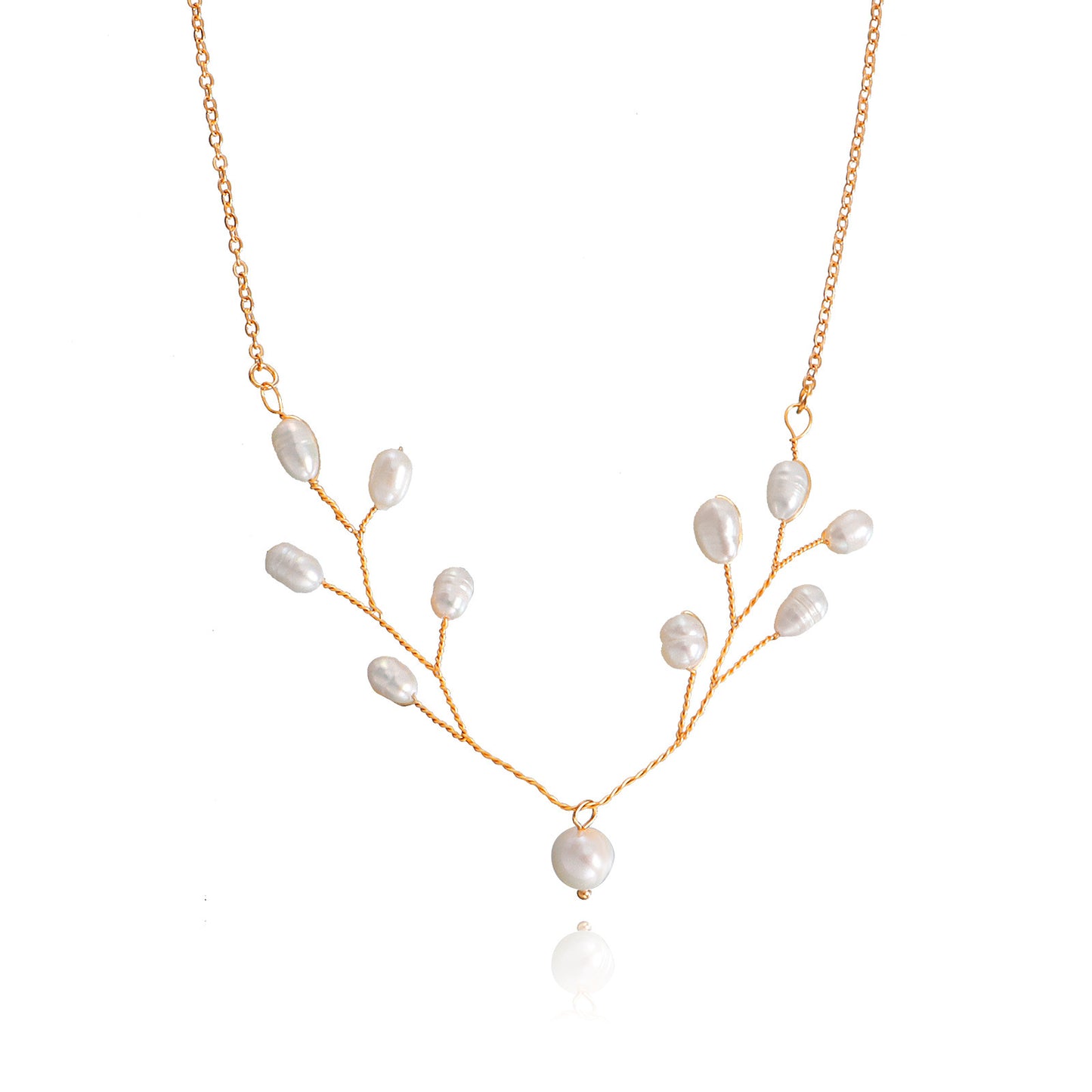 Minimalist Handwoven Branch-Shaped Alloy Necklace with Freshwater Pearl Pendant for Women