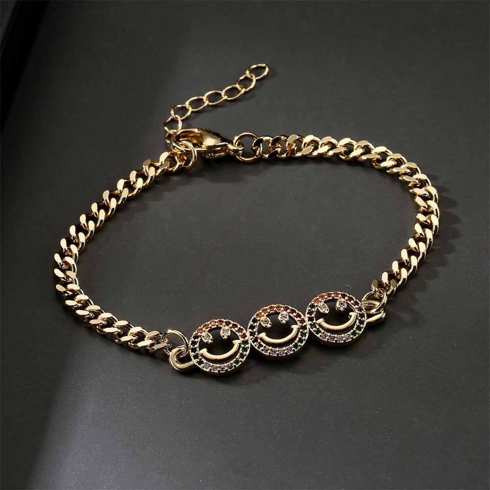 18K Gold Plated Brass Geometric Smiley Face Bracelet with Micro-set Cubic Zirconia for Women
