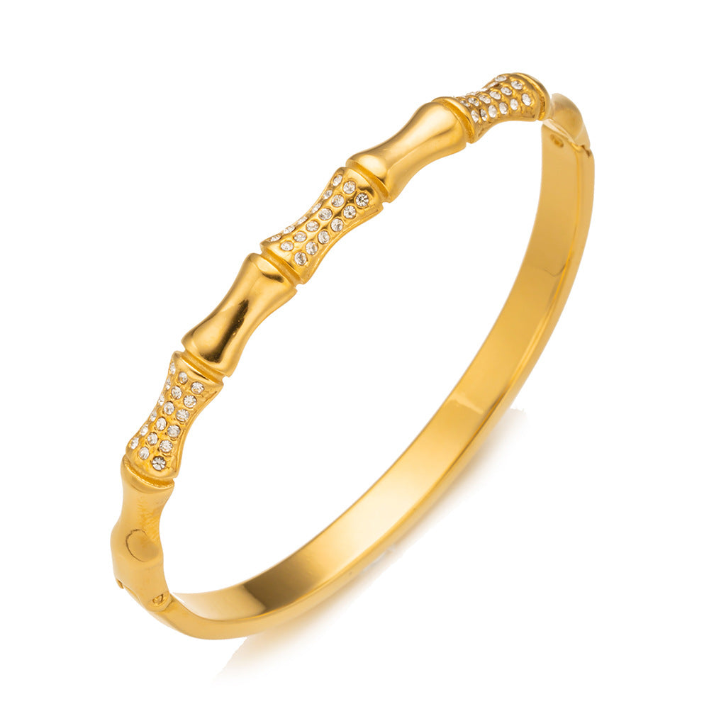 Elegante bracciale da donna in acciaio inossidabile a forma di nodo di bambù con placcatura in oro e zirconi micro-incastonati