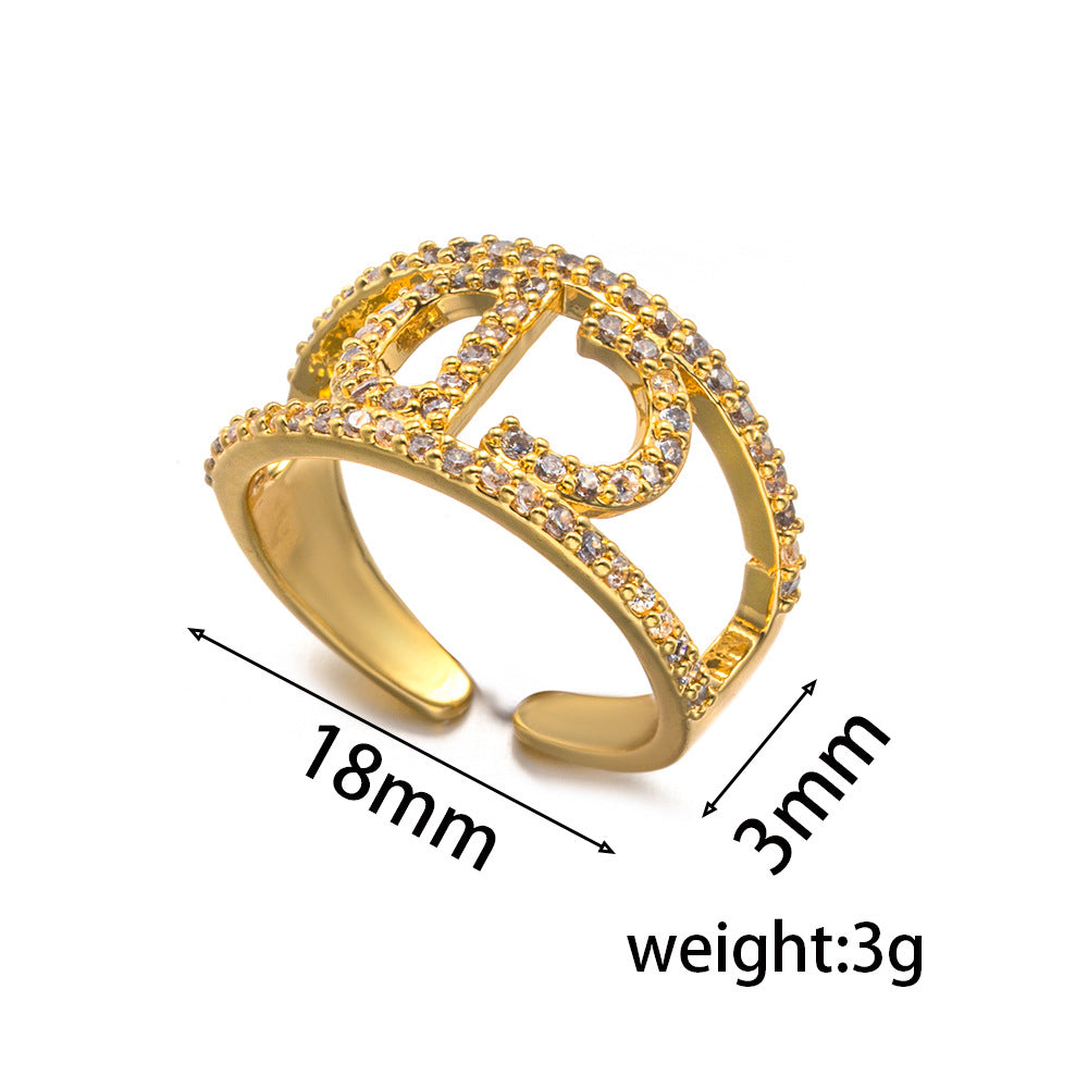 Fashionable Minimalist Geometric Open Adjustable Ring for Women with Cubic Zirconia Inlay on Gold-Plated Brass