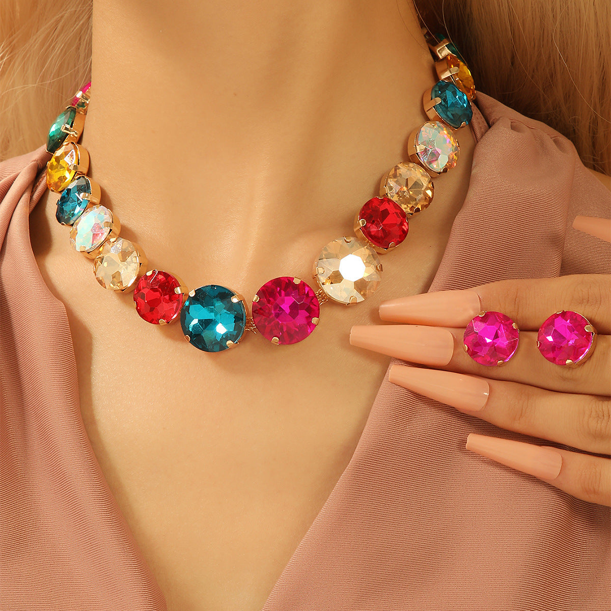 Juego de collar largo y pendientes con incrustaciones de cristal, estilo Hip Hop minimalista para mujer, con elementos geométricos redondos, ovalados y circulares