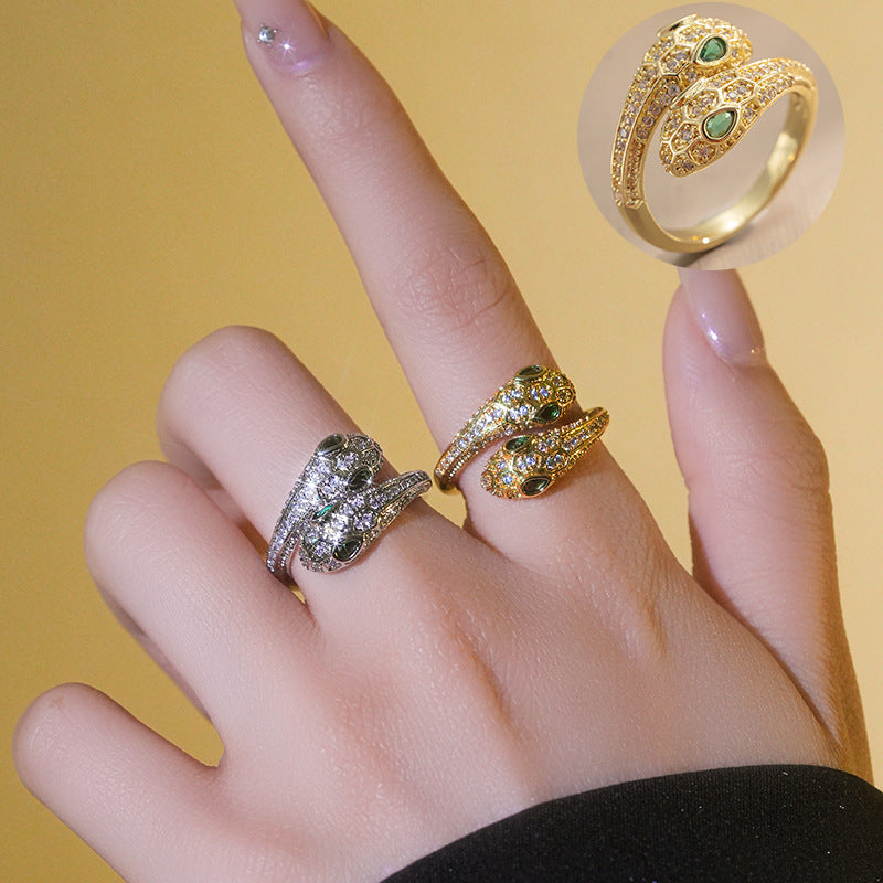 Anillo Abierto con Diseño de Serpiente de Moda para Mujer con Circonia Microincrustada en Latón Ecológico Bañado en Oro