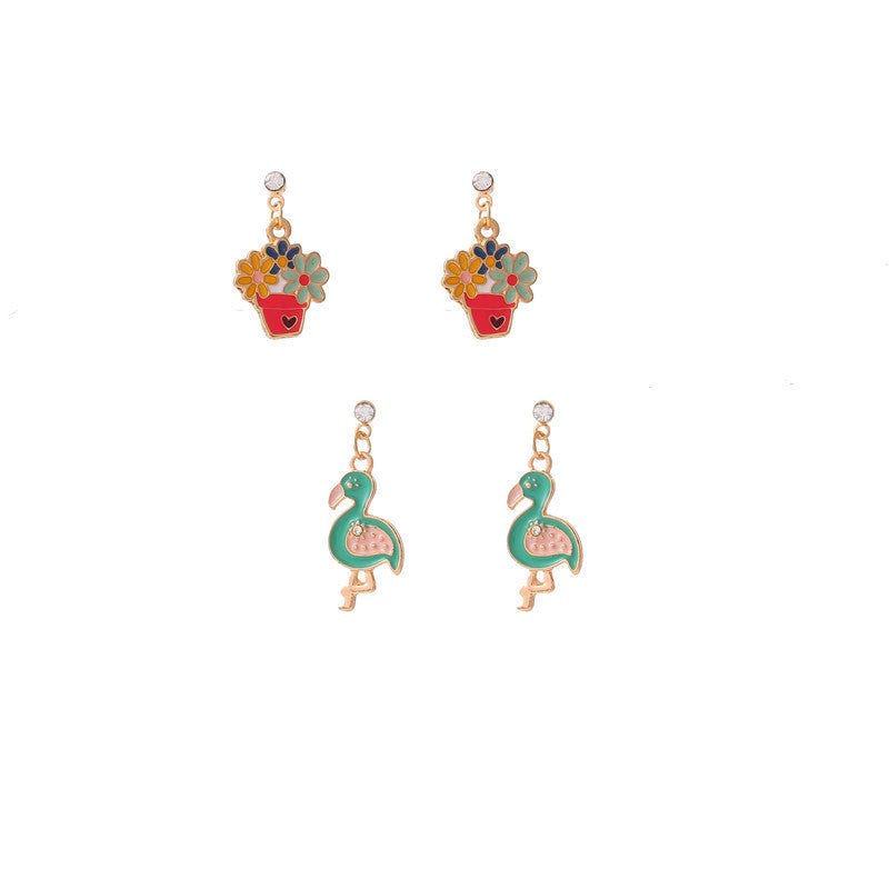 Cartoon Floral Bird Pendant Earrings for Girls Alloy Enamel Dangle Earrings Sweet Princess Style