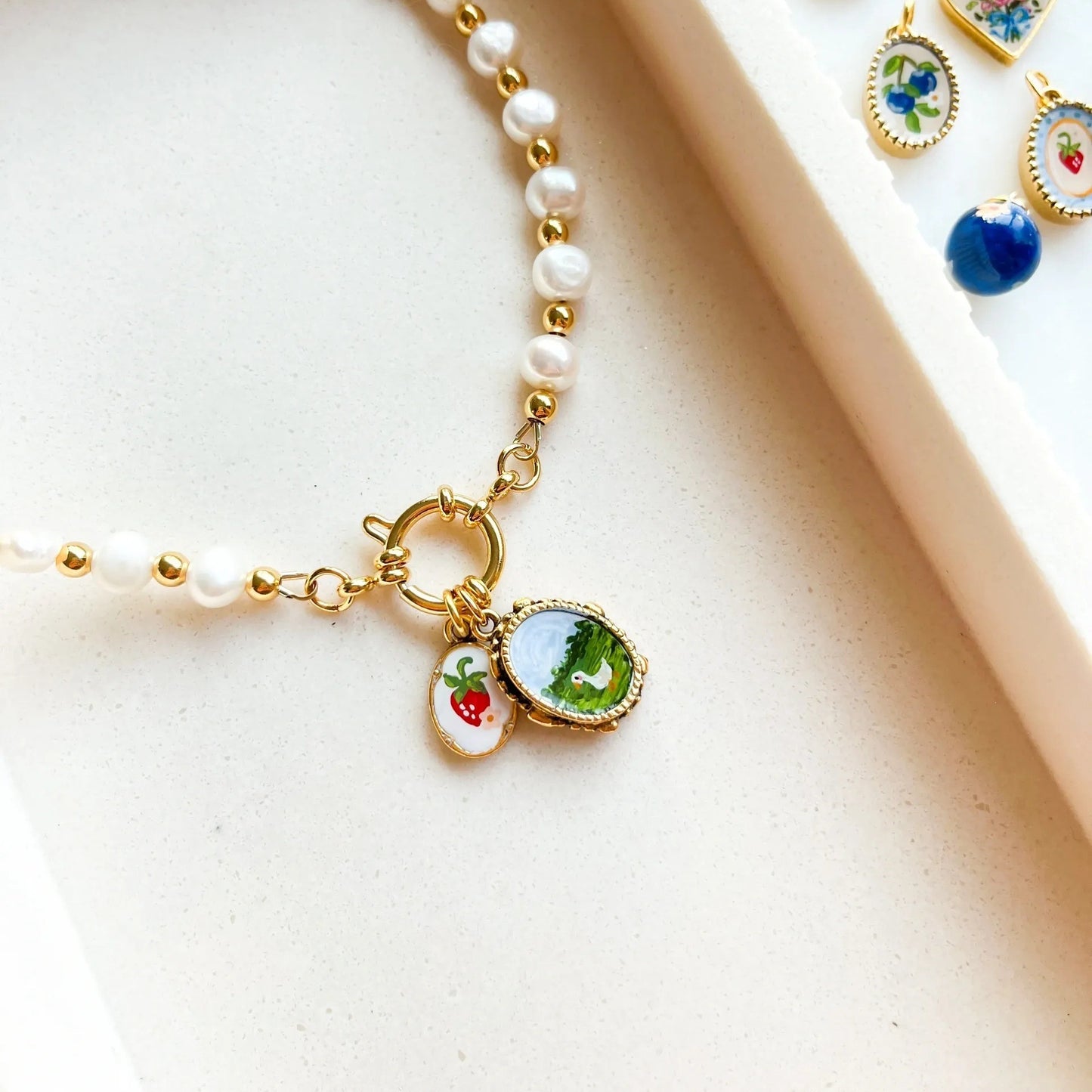 Minimalist Luxury Heart Shaped 18K Gold Plated Brass Pendant with Fruit and Floral Motifs