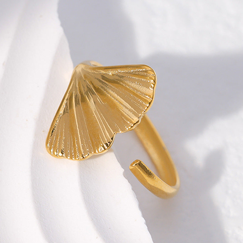 Minimalist Titanium Steel Leaf and Heart Shape Open Ring for Women with Plated Finish