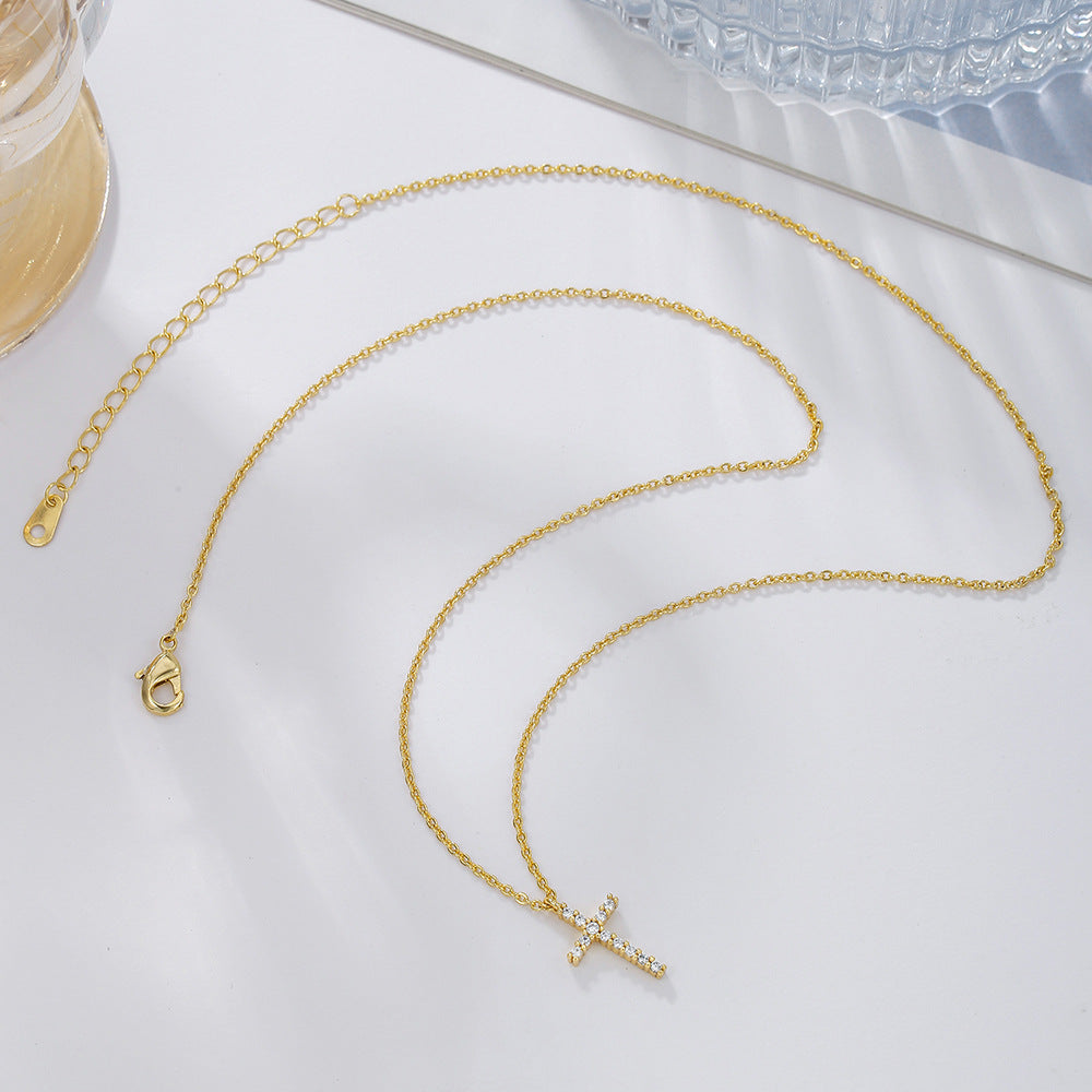 Classic Cross Pendant Necklace for Women in Copper with Zircon Inlay and Gold Plating on O-Chain