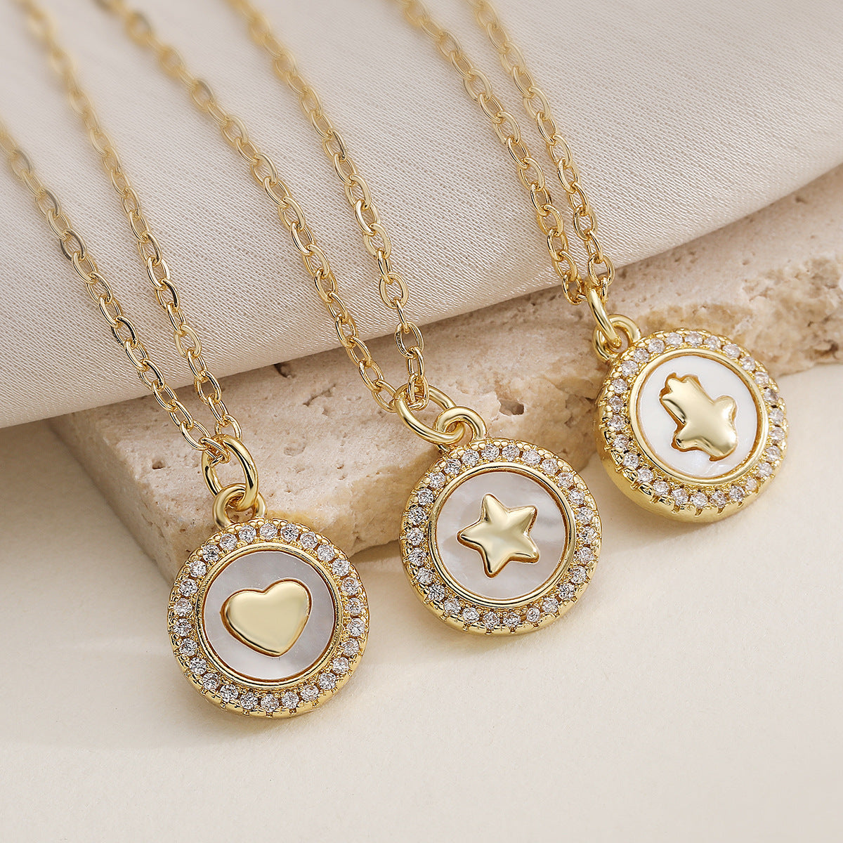 Minimalist Luxury Gold Plated Brass Heart Star Hand Geometric Pendant Necklace with Cubic Zirconia