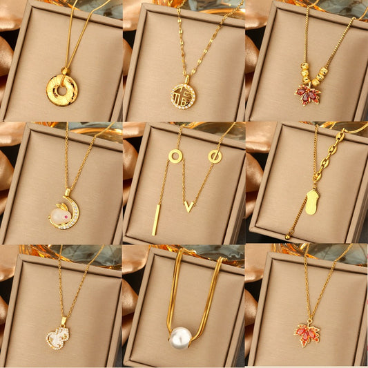 Minimalist Titanium Steel Pearl Necklace with Heart Star and Floral Pendants for Women