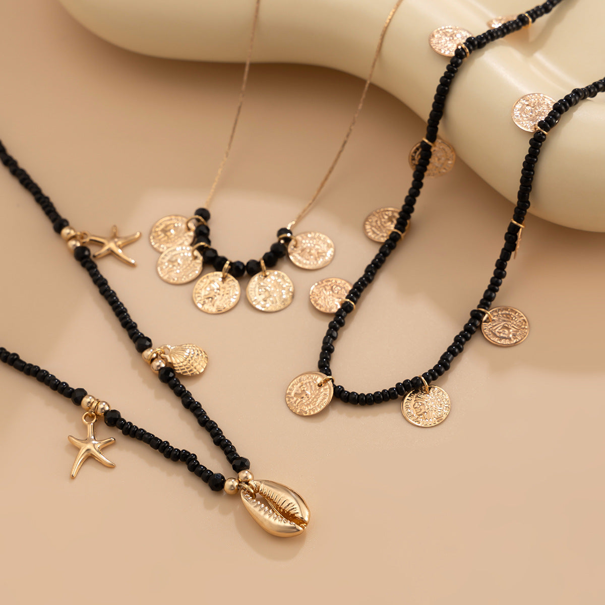 Minimalist Plated Alloy Starfish and Bead Shell Necklace Set for Women