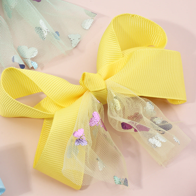 Set di fermagli per capelli con fiocco a farfalla in stile cartone animato per bambini - Accessori per capelli fatti a mano in tessuto con accenti a nastro, collezione da 6 pezzi in tinta unita