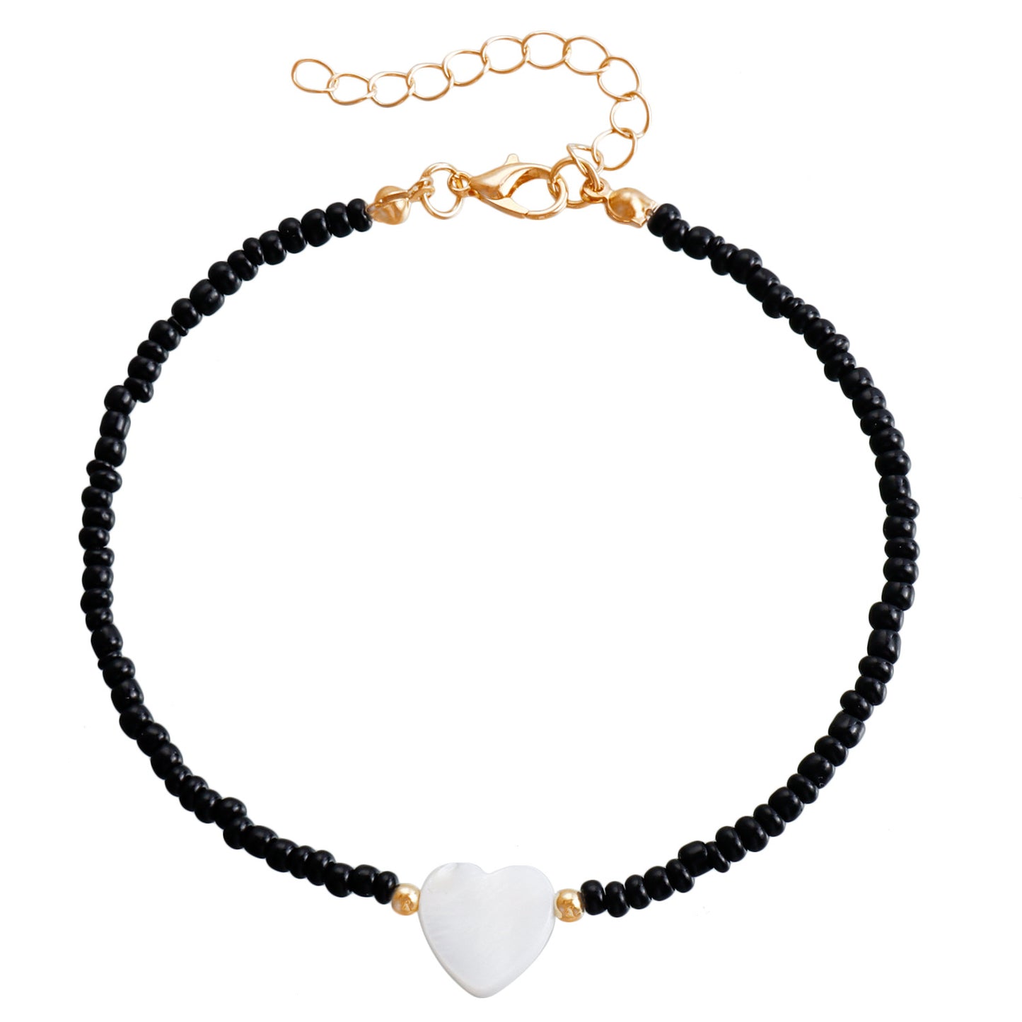 Bohemian Style Adjustable Anklet with Mother-of-Pearl Heart Charm and Colorful Seed Beads on Alloy Chain