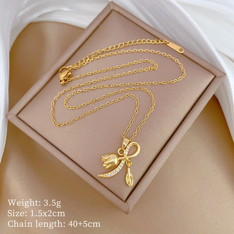 Minimalist Geometric Bell Orchid Necklace for Women and Men Stainless Steel Chain with Copper Pendant and Rhinestone Accents