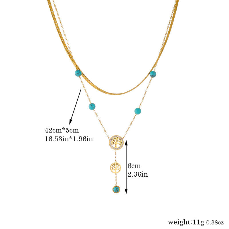 Minimalist Vintage Double-Layer Stainless Steel Necklace with Gold Plating, Tassel Pendant, and Turquoise Tree of Life Charm