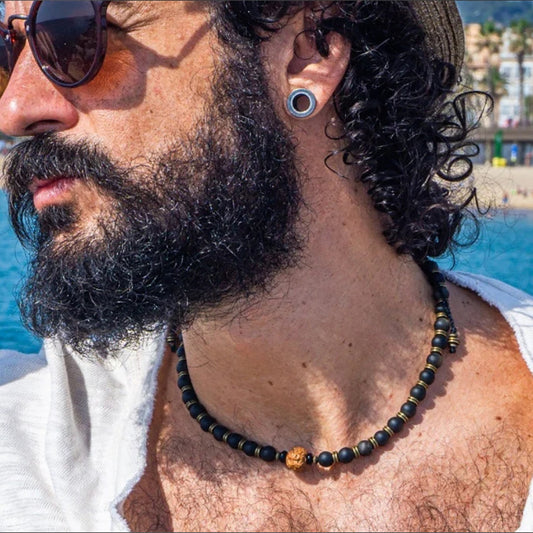 Hip-hop Bohemian Geometric Round Matte Acrylic Men's Beaded Necklace with Stone Pendant