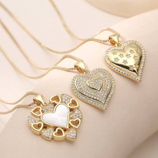 Minimalist Heart Geometric Brass Necklace with Cubic Zirconia Inlay for Women