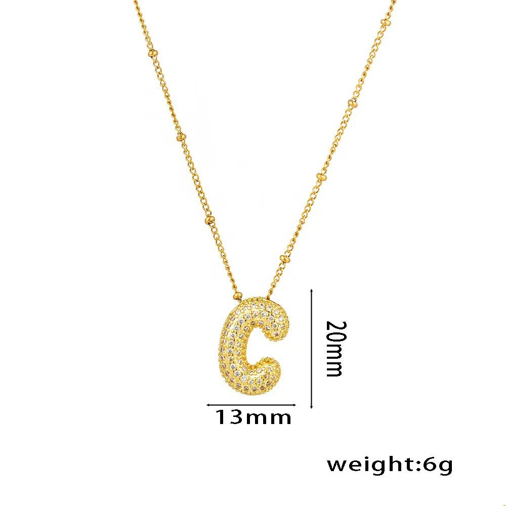 Collana con ciondolo a lettera in zirconi micro-pavé placcato oro 18 carati, catena di perline in acciaio inossidabile/acciaio al titanio, gioielli unisex alla moda per pendolari