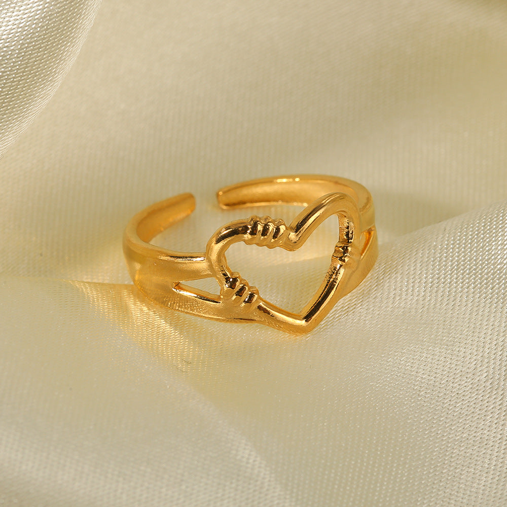 Minimalist Heart-Shaped Stainless Steel Adjustable Open Ring with Vacuum Gold Plating for Women