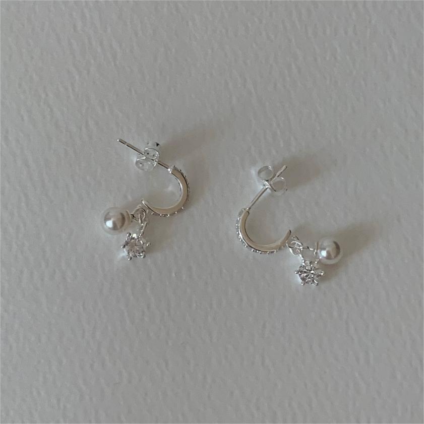 Minimalist Sweet 925 Sterling Silver Geometric Six-Prong Cubic Zirconia Pearl Stud Earrings Gold Plated
