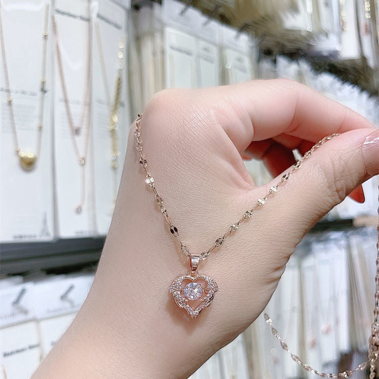 Elegante collana a forma di cuore in acciaio al titanio da donna con intarsio di strass e finitura placcata, stile catena a labbro, design chic minimalista
