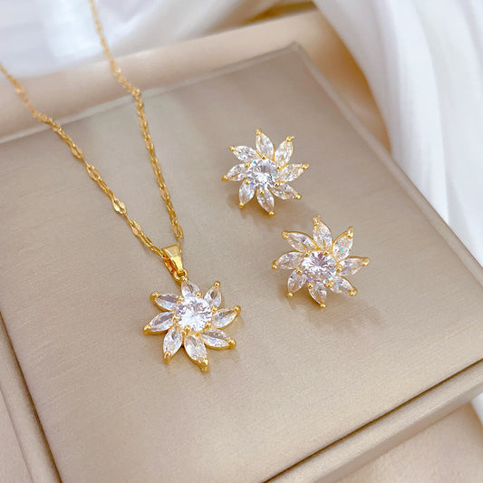 Luxury Titanium Steel Micro-Pave Rotating Flower Necklace and Earrings Set for Women Elegant Party Jewelry