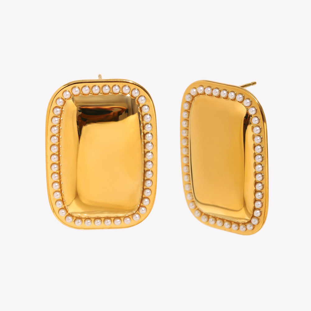 Orecchini Minimalisti Geometrici in Acciaio Inox con Placcatura in Oro 18K e Accenti di Piccole Perle