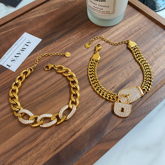 Rhinstone Inlaid Titanium Steel Cuban Link Chain Bracelet