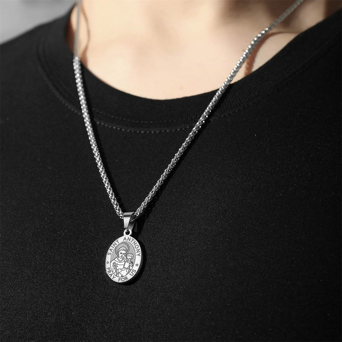 Minimalist Geometric Double-Sided Portrait Medal Pendant Necklace in Stainless Steel with Plated Finish on Snake Chain