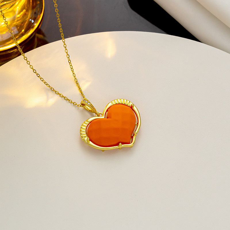Cartoon Style Heart-Shaped Titanium Steel Pendant Necklace with Electroplated Finish on O-Chain for Women