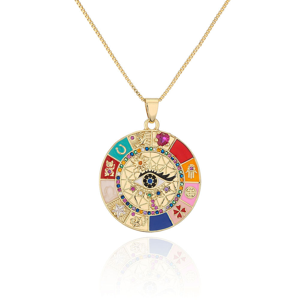 Collana pendente geometrica irregolare stile bohémien da donna con occhi in smalto e zirconi su catena a maglie in rame