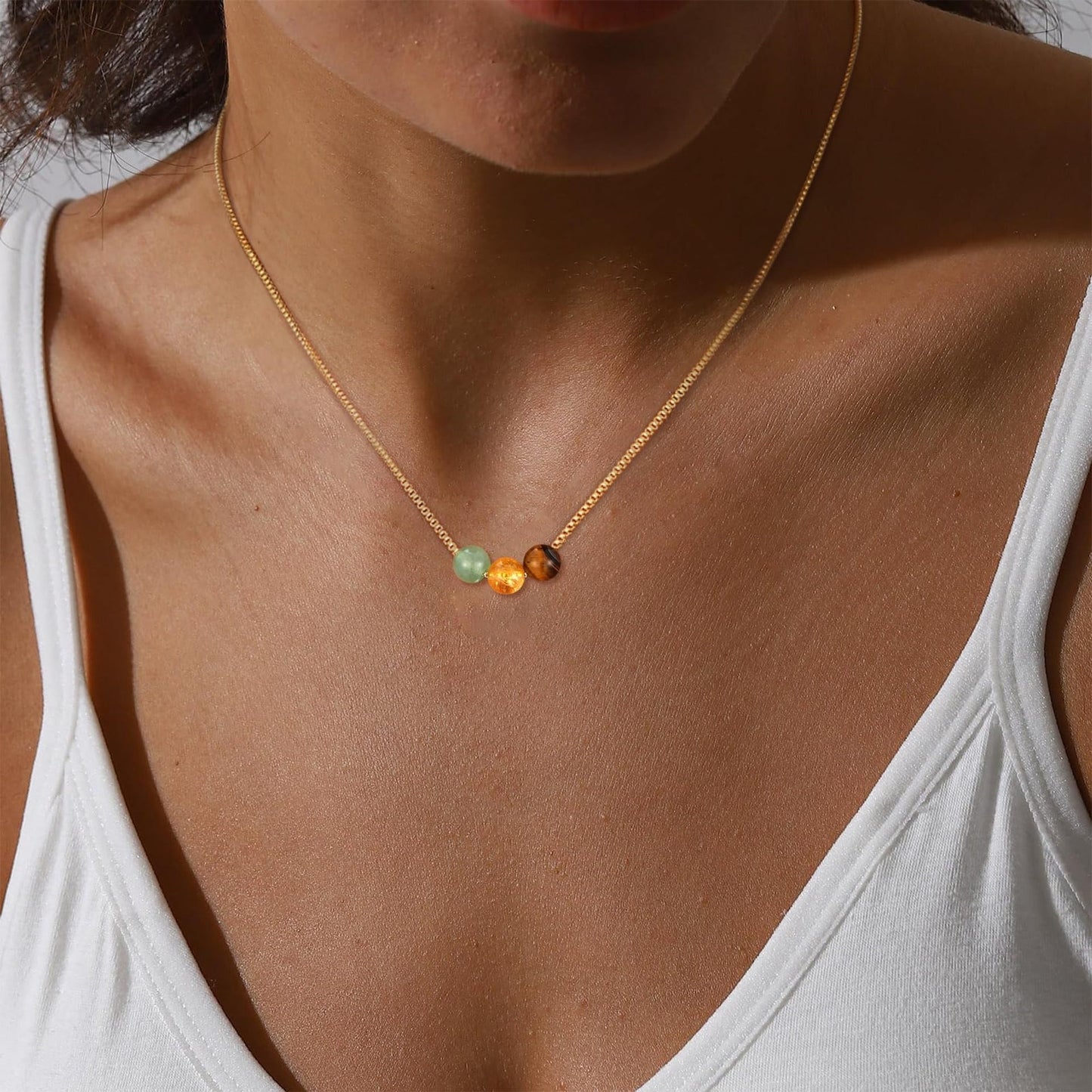 Casual Geometric Natural Stone Beaded Necklace Stainless Steel Adjustable Choker for Unisex