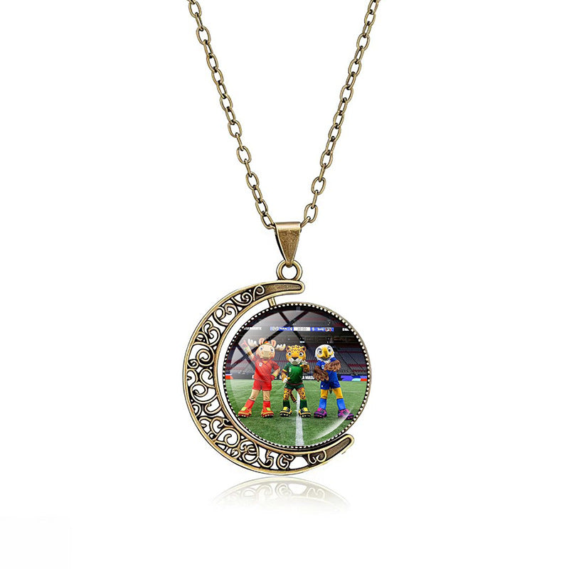 Casual Double-Sided Rotating Moon Geometric Crystal Pendant Plated Alloy Necklace Unisex Multi-Layer Cable Chain