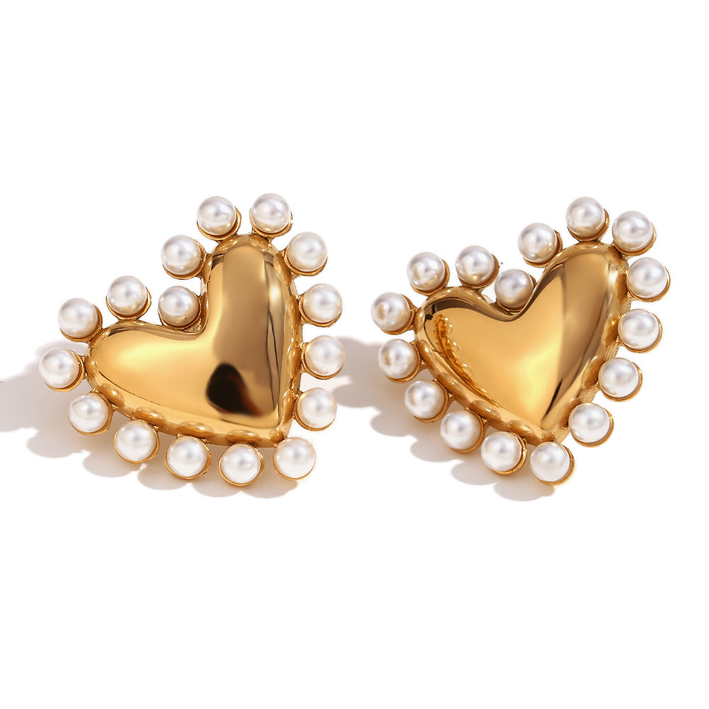Vintage Style Heart-Shaped Stainless Steel Earrings with 18K Gold Plating and Pearlized Finish for Women
