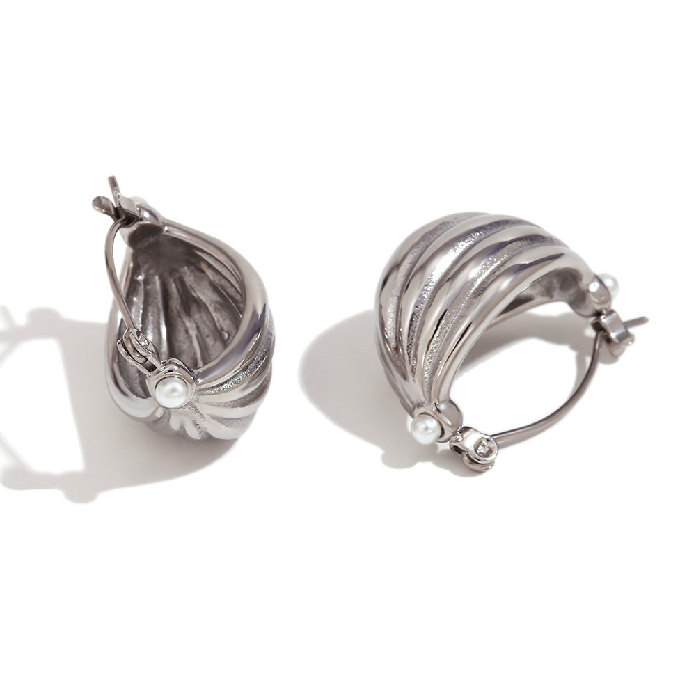 Fashionable Geometric Stainless Steel Earrings with 18K Gold Plating and Pearl Accents in Multi-Layer Boat Basket Design