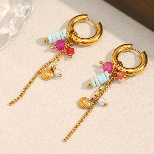 Vintage-Inspired Geometric Stainless Steel Earrings with 18K Gold Plating and Natural Stone Dangle Pendants